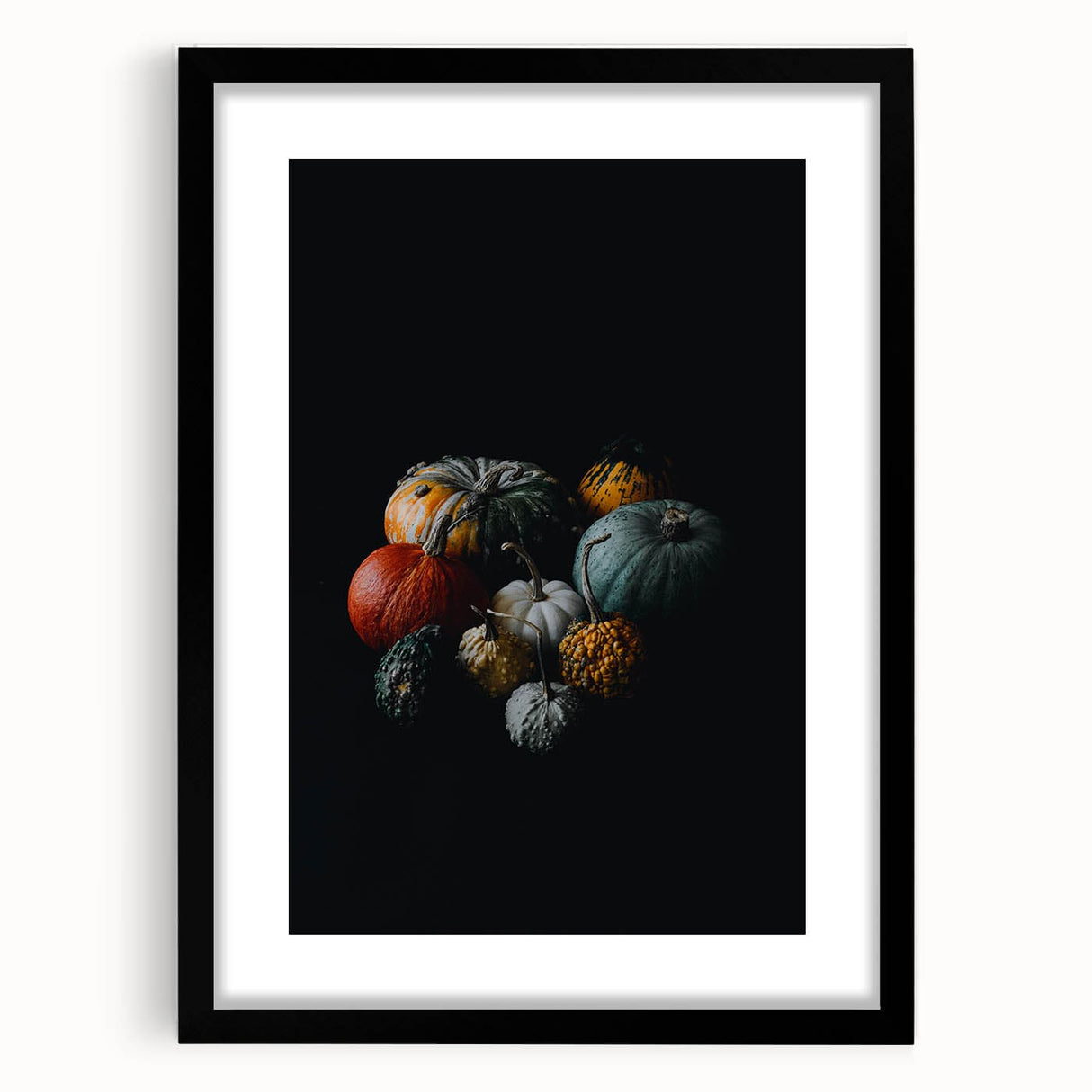 Extra large abstract art print featuring vibrant autumn hues on textured canvas, framed in black.