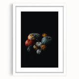 Abstract art print depicting autumnal trees in orange and red tones, framed in white, ideal for dining room decor.