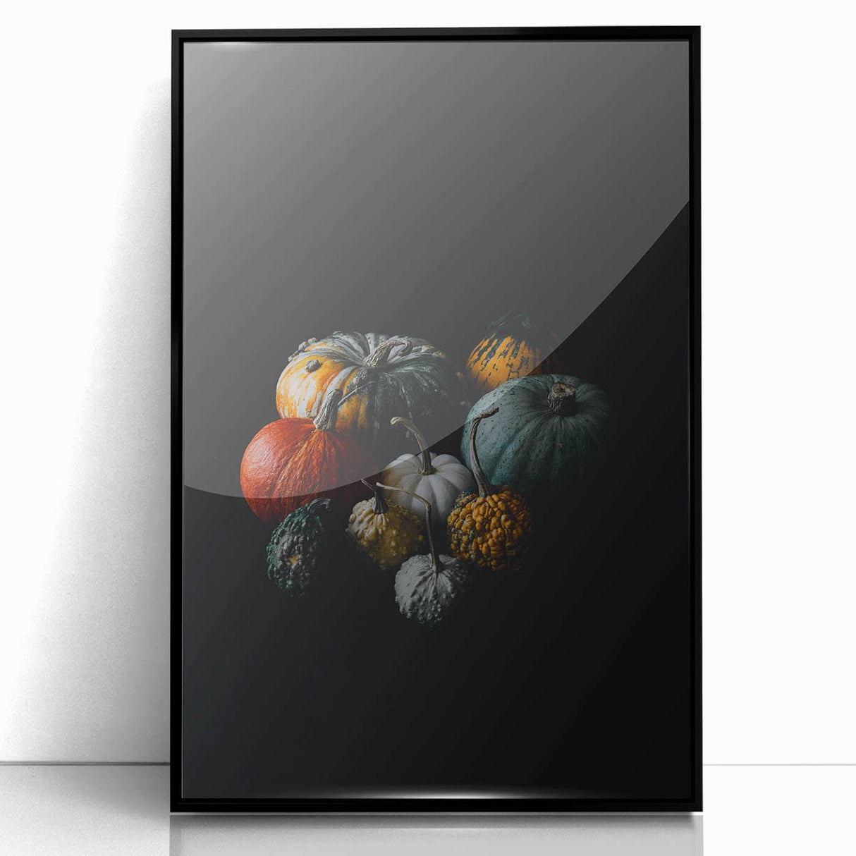 Large abstract wall art depicting fall colors in mid-century modernist style, framed in black acrylic.