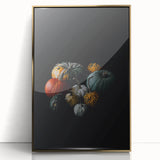 Large art print of a mid-century modernist fall scene in vibrant orange and gold tones on framed acrylic.