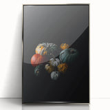 Mid-century modernist art depicting an abstract fall landscape in muted orange and brown tones, framed in silver acrylic.