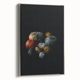 Framed canvas of a vintage landscape painting depicting an autumnal scene with colorful trees and a black background.