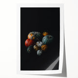 Rolled print featuring an autumnal floral design in warm orange and red tones, suitable for art wall dining room.