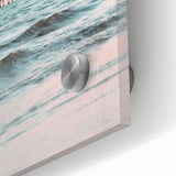 Large abstract wall art on acrylic glass featuring mid-century modernist splashes in warm orange and yellow tones.