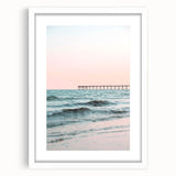 Abstract art print featuring swirling blue and green tones on a white framed canvas.