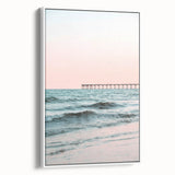 Vintage poster art of summer scene on framed canvas, featuring muted pastel colors, ideal for living room decor.