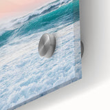 Large abstract wall art in vibrant orange and yellow tones on acrylic glass, ideal for dining room ambiance.