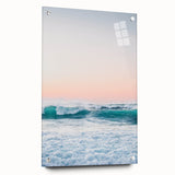 Large abstract wall art in vibrant orange and blue tones on acrylic glass, suitable for bedroom or dining room decor.