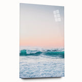 Large abstract wall art in vibrant orange and blue tones on acrylic glass, ideal for bedroom or dining room decor.