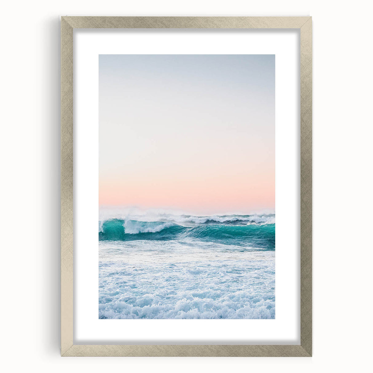 Textured abstract art print in cool gray and blue tones on framed canvas, suitable for bedroom decor.