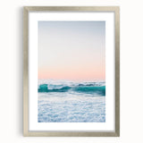 Textured abstract art print in cool gray and blue tones on framed canvas, suitable for bedroom decor.