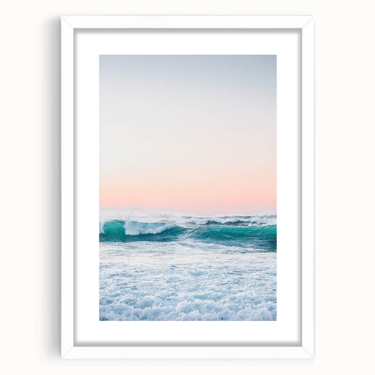 Abstract art print featuring swirling blue and white patterns on a framed canvas, ideal for bedroom or dining room decor.