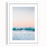 Abstract art print featuring swirling blue and white patterns on a framed canvas, ideal for bedroom or dining room decor.