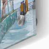 Large abstract wall art on acrylic glass depicting vibrant, swirling colors in a mid-century modernist style.