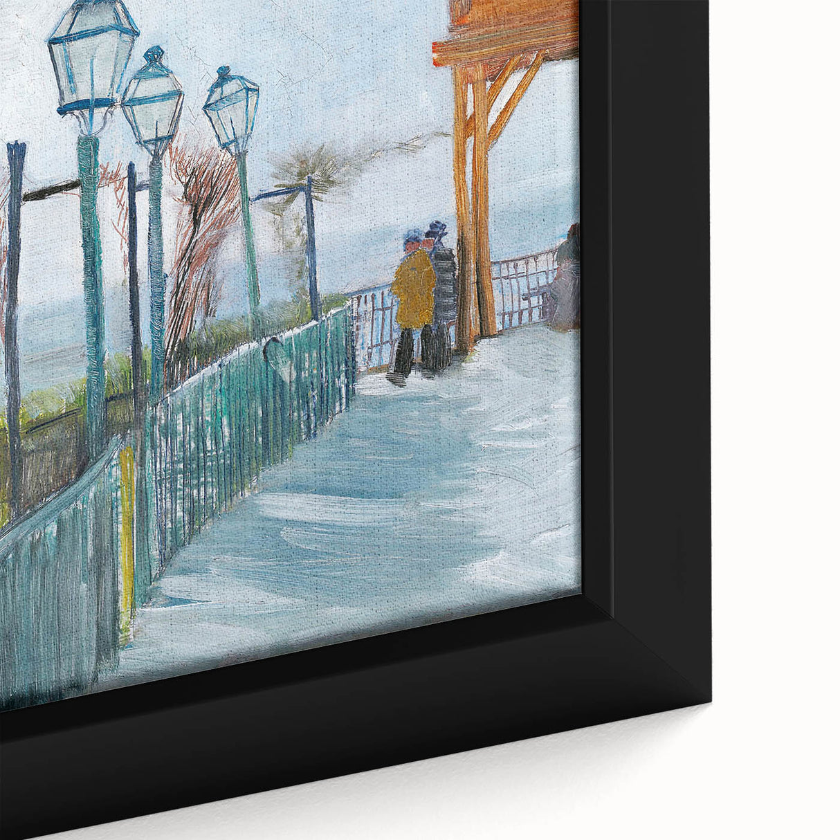 Close-up of a textured, extra-large framed canvas depicting colorful, abstract art in black tones.