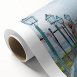 Art deco style poster of a tranquil landscape on rolled canvas, with soft green and blue tones, ideal for nursery wall art.