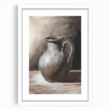 Abstract art print featuring swirling blue and gray tones on a white framed canvas.