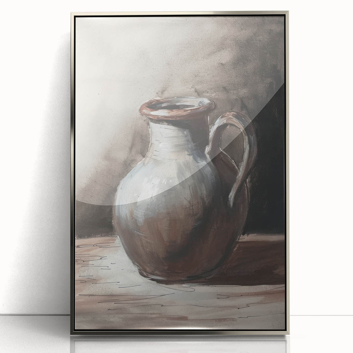 Mid-century modernist art deco poster featuring geometric shapes in silver and gray tones on framed acrylic.