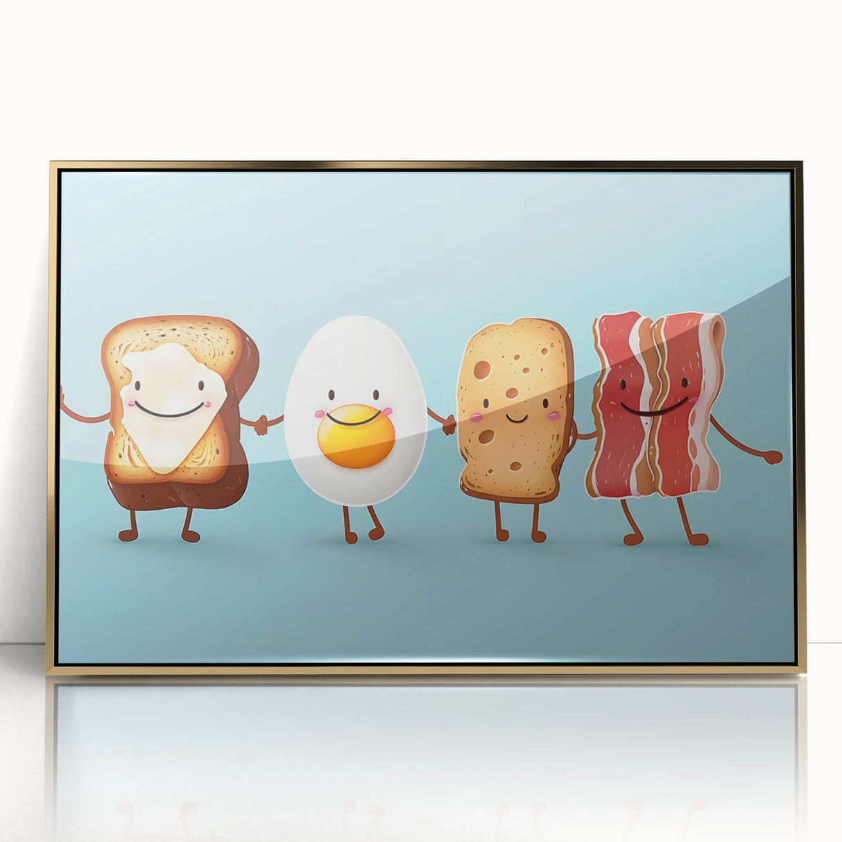 Large art print of colorful dishes in mid-century modernist style on acrylic, framed in gold, suitable for nursery wall art.