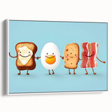 Vintage poster art of colorful dishes on a black background, framed canvas, ideal for living room decor.