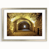 Elegant silver-framed landscape artwork depicting a majestic castle surrounded by lush greenery, enhanced with a white matting for a sophisticated presentation. Perfect for home decor or gallery display.