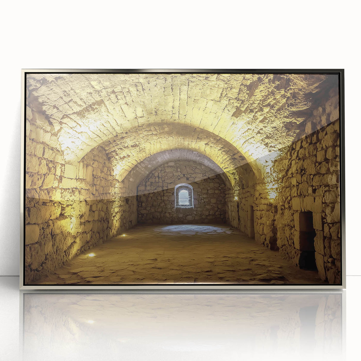 Framed acrylic artwork showcasing a detailed landscape of a majestic castle, surrounded by lush greenery and a vibrant blue sky, perfect for home decor.