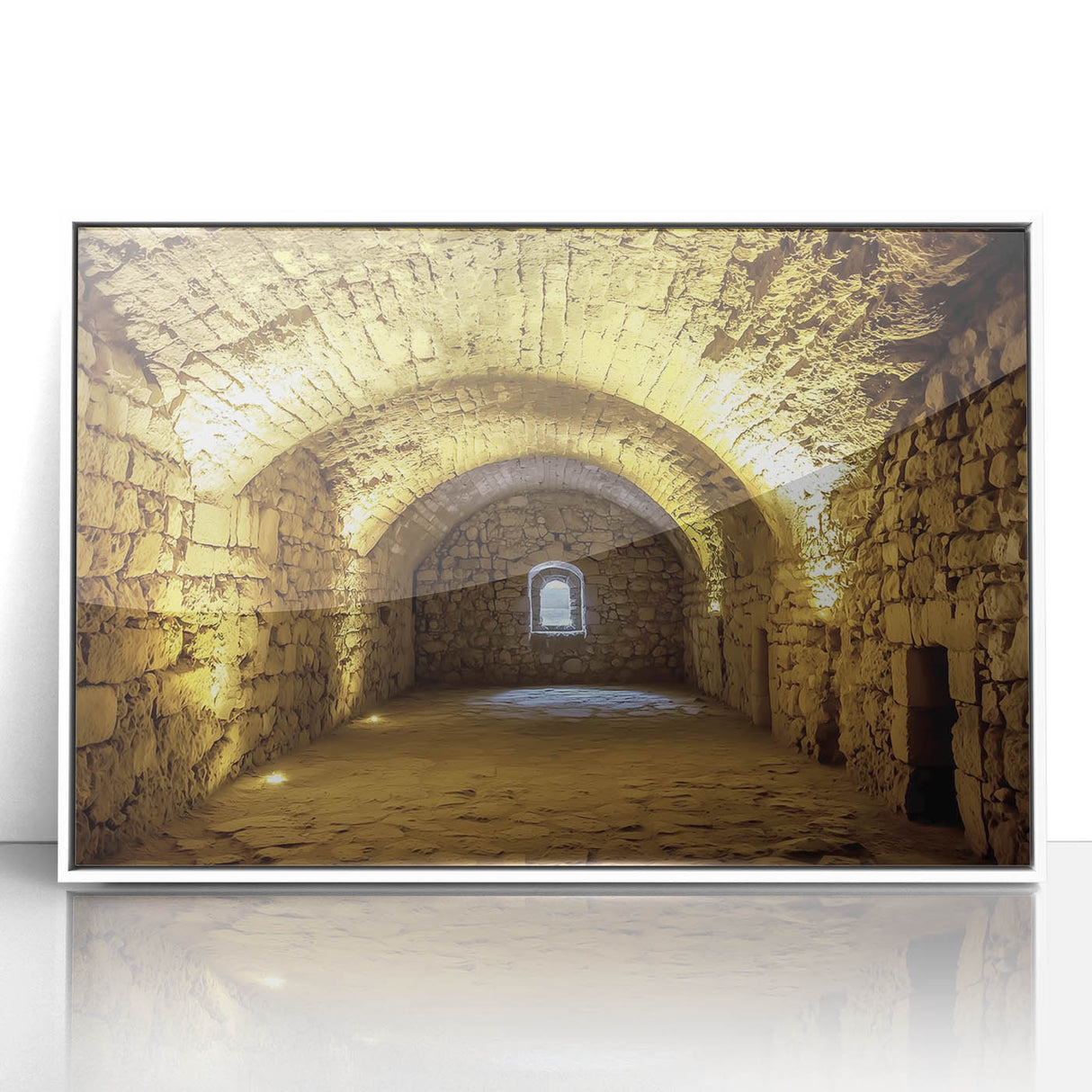 Framed acrylic landscape artwork depicting a majestic castle surrounded by lush greenery, set against a serene blue sky. Ideal for home decor.