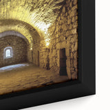 Close-up view of a framed canvas artwork depicting a vibrant landscape with a majestic castle surrounded by lush greenery, showcasing intricate details and colors. Perfect for enhancing home decor with a touch of elegance and charm.