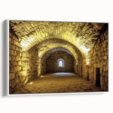 Framed canvas print of a scenic landscape featuring a majestic castle surrounded by lush greenery, presented in a sleek white frame, ideal for home decor.