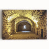 Stretched canvas artwork showcasing a detailed landscape of a majestic castle surrounded by lush greenery and a clear blue sky, perfect for home decor enthusiasts.