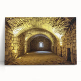 Stretched canvas artwork depicting a picturesque landscape featuring a majestic castle surrounded by lush greenery, designed for wall display in home decor.