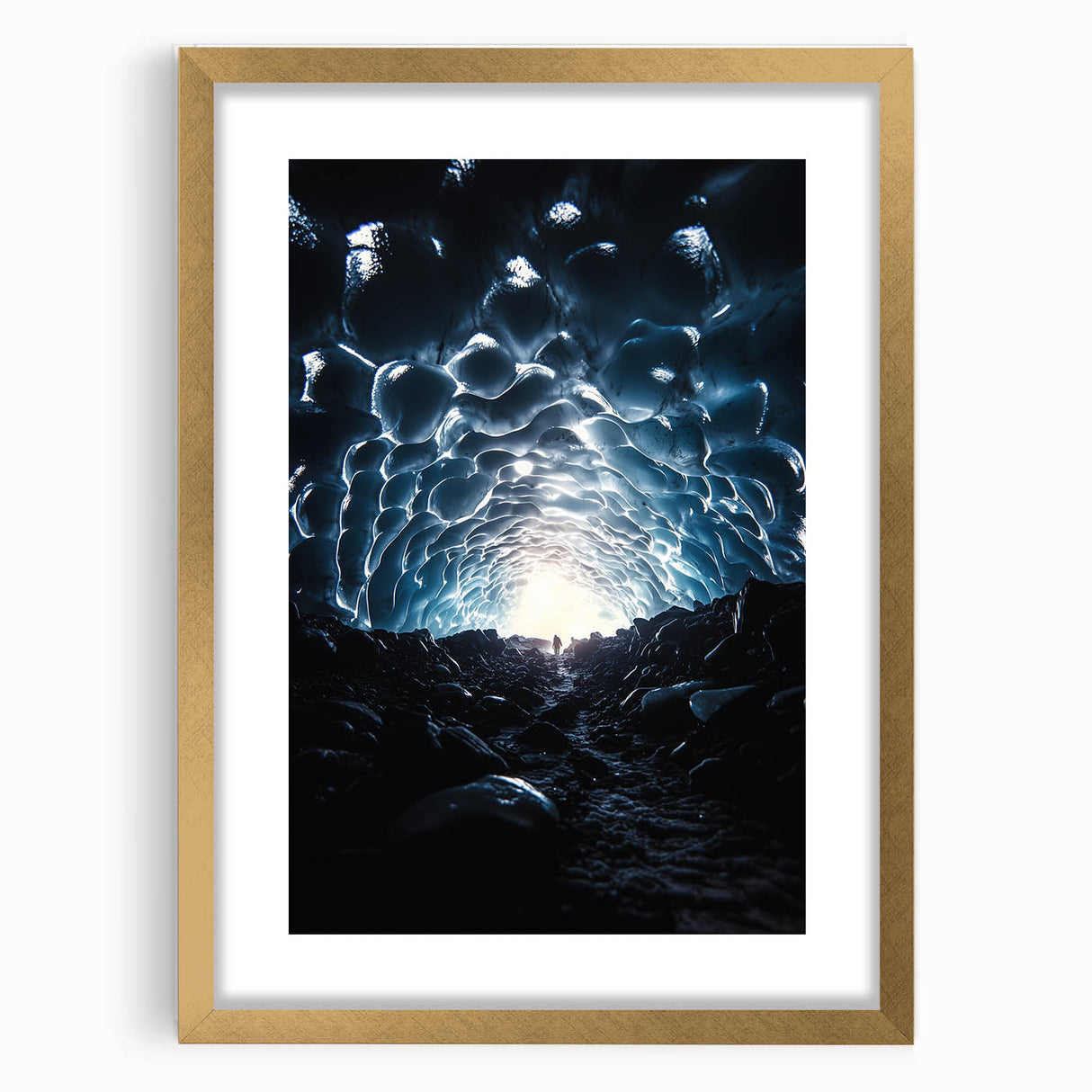 Elegant gold-framed landscape artwork depicting a serene cave scene with matting, perfect for home decor. Ideal for enhancing living spaces with natural beauty.