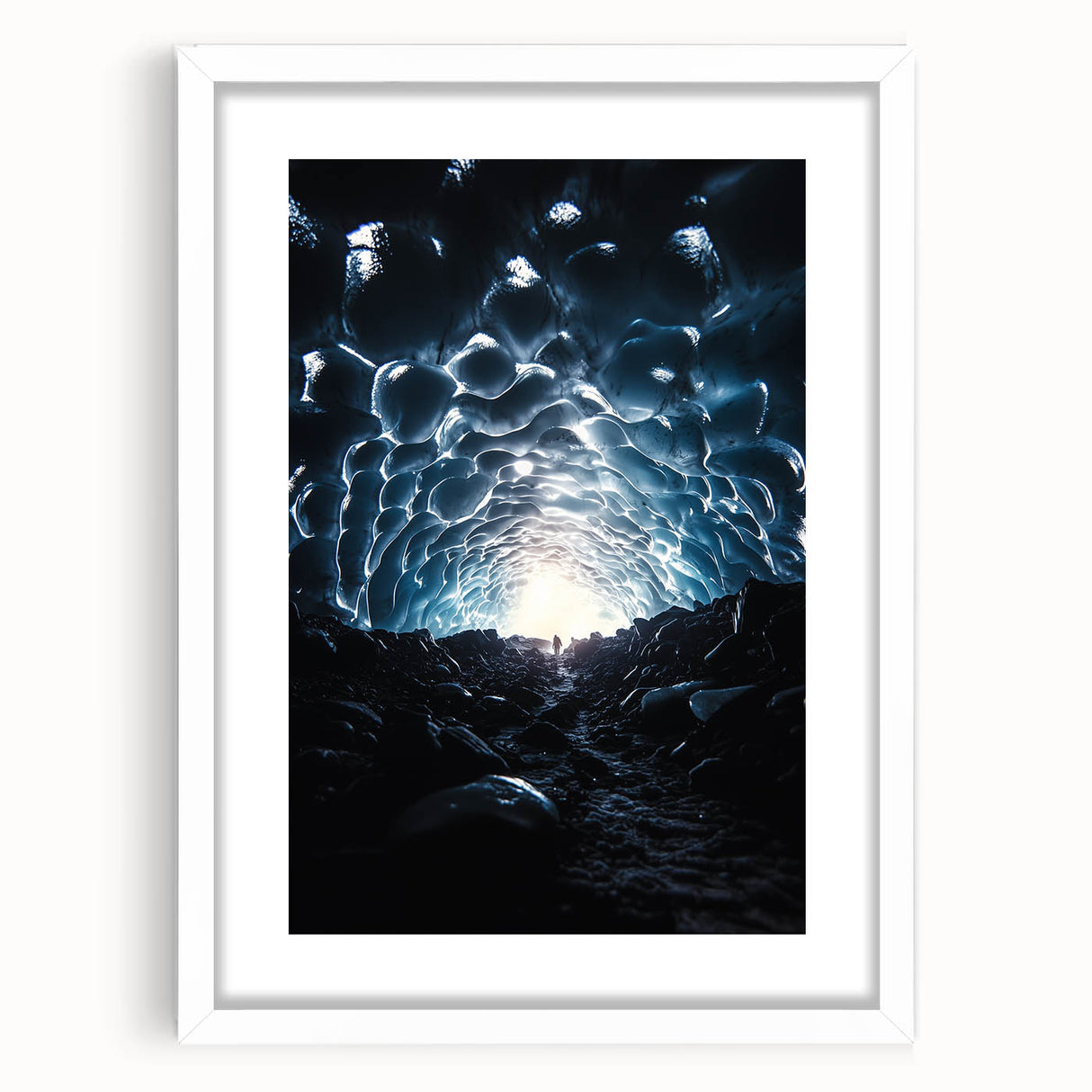 Framed landscape artwork showcasing a serene cave scene with intricate details, surrounded by a white mat, perfect for home decor or art collectors.