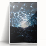 Framed acrylic artwork presenting a stunning landscape of caves, featuring vibrant colors and intricate details, displayed with a sleek white frame for a modern look.