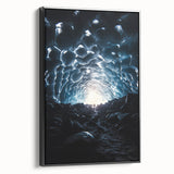 Framed canvas artwork showcasing a stunning landscape of caves, presented in a sleek black frame, perfect for modern home decor. Ideal for nature enthusiasts and art lovers.