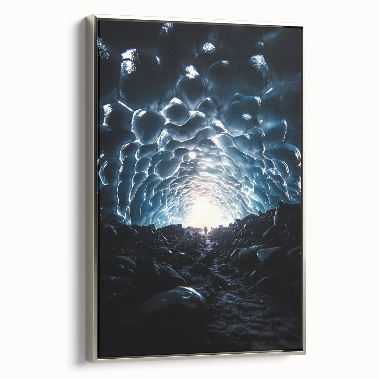 Framed canvas artwork of a stunning landscape scene depicting tranquil caves, featuring a sleek silver frame that enhances the vibrant colors and details, perfect for modern decor.