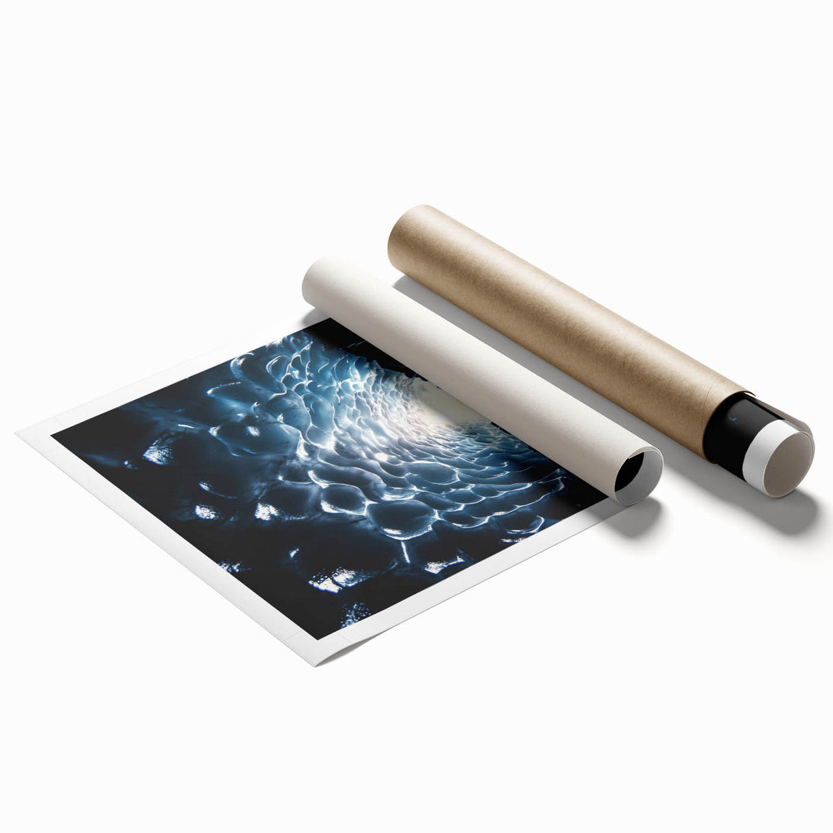 Rolled print showcasing an intricate landscape design featuring vibrant caves, packaged securely in a durable cardboard tube, ideal for home decor enthusiasts.