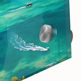 Close-up of a vibrant acrylic landscape artwork depicting rugged cliffs and serene waters, showcasing rich colors and intricate textures, ideal for home decor.