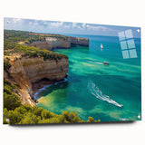 A side view of a stunning acrylic glass landscape artwork, depicting dramatic cliffs against a vibrant sky, elegantly mounted with pins for display. The piece showcases a blend of rich colors, highlighting the natural beauty and depth of the scene, perfect for enhancing any modern interior.