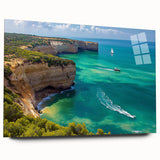 Acrylic glass artwork showcasing a vibrant landscape of towering cliffs, viewed from the side, highlighting unique textures and vivid colors. Ideal for modern decor.