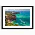 Framed artwork displaying a stunning landscape of cliffs, featuring a black mat and sleek frame, ideal for home or office decor, enhancing any interior style.