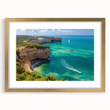 Gold-framed landscape artwork depicting rugged cliffs and serene skies, elegantly matted for a polished finish, ideal for enhancing home decor with natural beauty.