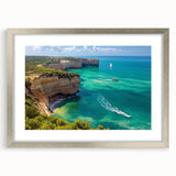 Framed landscape artwork depicting dramatic cliffs in a serene setting, encased in a sleek silver frame with a white mat, perfect for home decor enhancement.