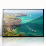 Framed acrylic artwork depicting a stunning cliff landscape with rich colors, set against a sleek black border, ideal for enhancing modern decor.