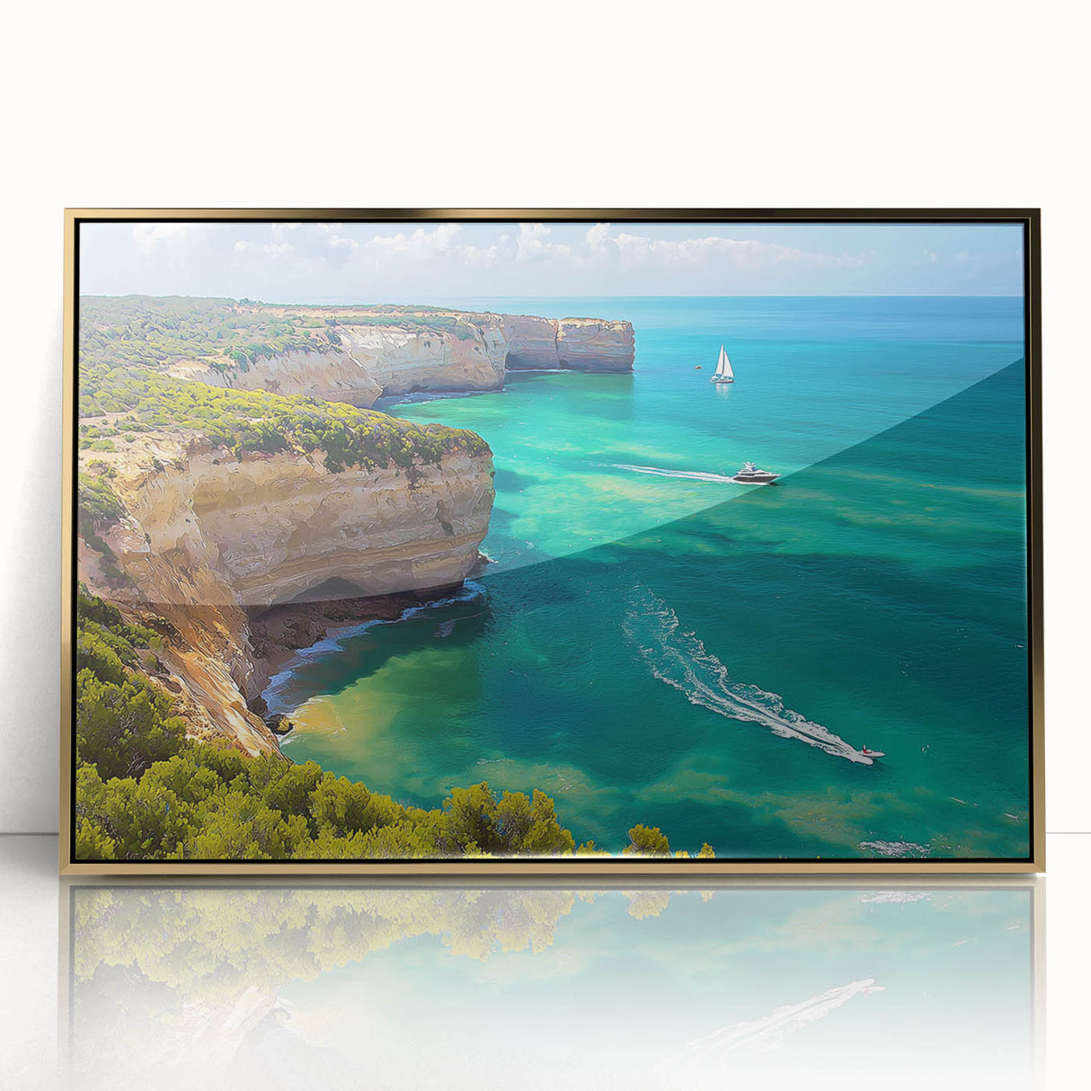 Framed acrylic artwork showcasing a breathtaking view of majestic cliffs bathed in golden sunlight. Perfect for enhancing home decor with natural beauty and elegance.