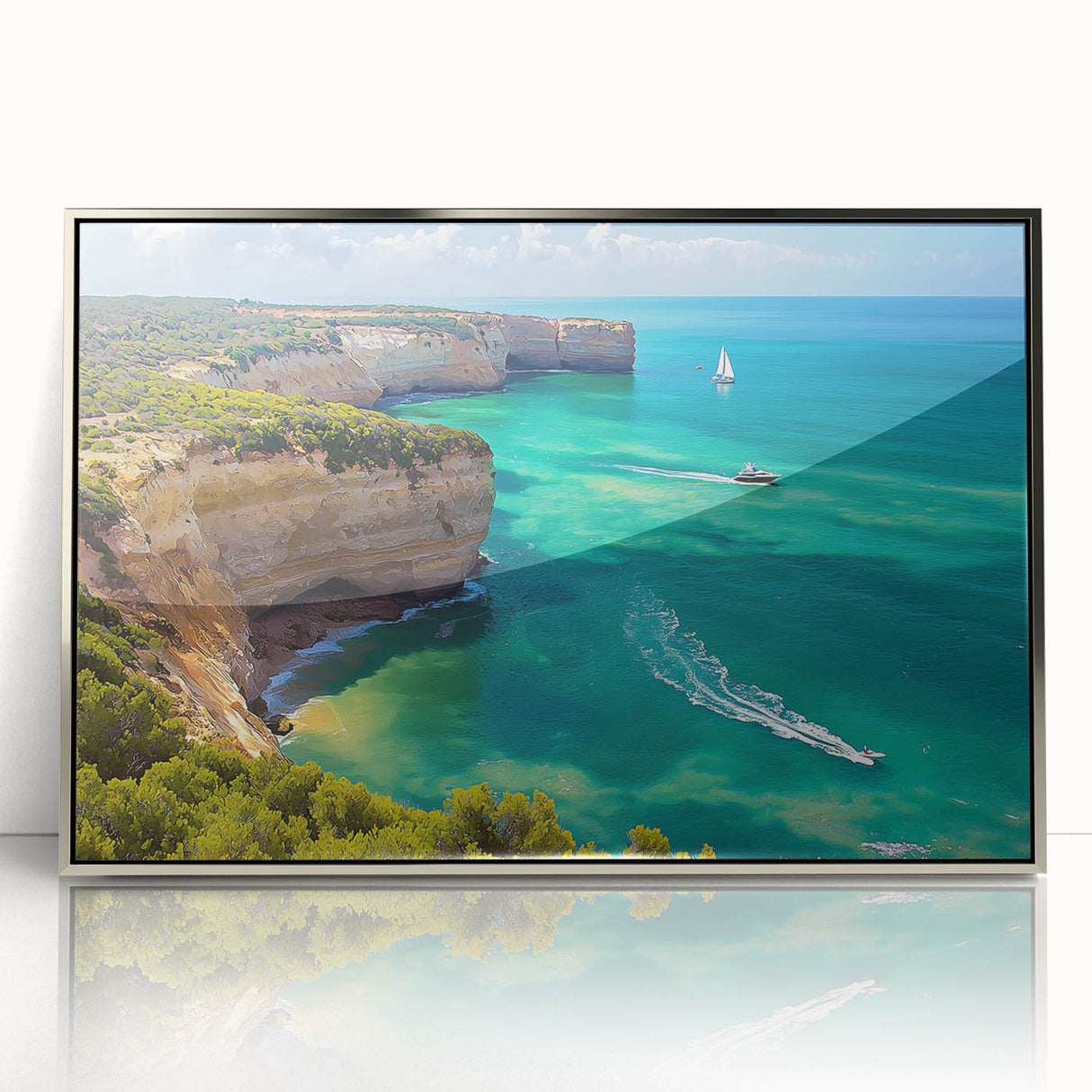 Framed acrylic artwork depicting a dramatic coastal cliff landscape with vibrant colors and intricate details, ideal for modern home decor, showcasing nature's beauty.