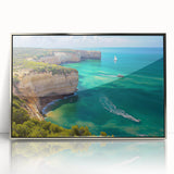 Framed acrylic artwork depicting a dramatic coastal cliff landscape with vibrant colors and intricate details, ideal for modern home decor, showcasing nature's beauty.