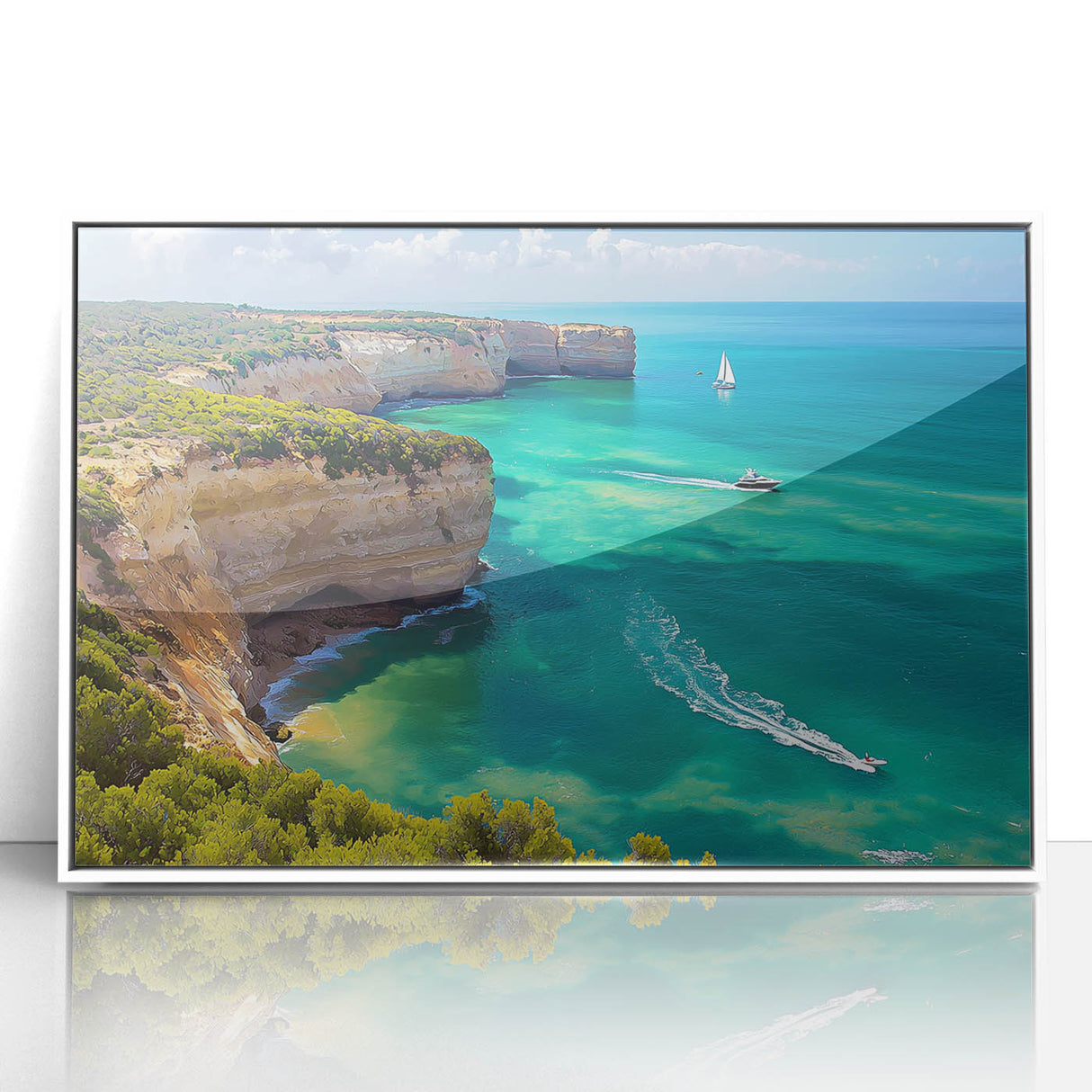 Framed acrylic artwork showcasing a vibrant landscape of rugged cliffs in rich earth tones, set against a clean white frame, perfect for modern decor.