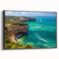 Framed canvas artwork depicting a scenic landscape of cliffs, featuring rich colors and details, with a sleek black frame enhancing its aesthetic appeal. Perfect for home decor.