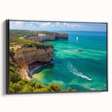 Framed canvas artwork depicting a scenic landscape of cliffs, featuring rich colors and details, with a sleek black frame enhancing its aesthetic appeal. Perfect for home decor.